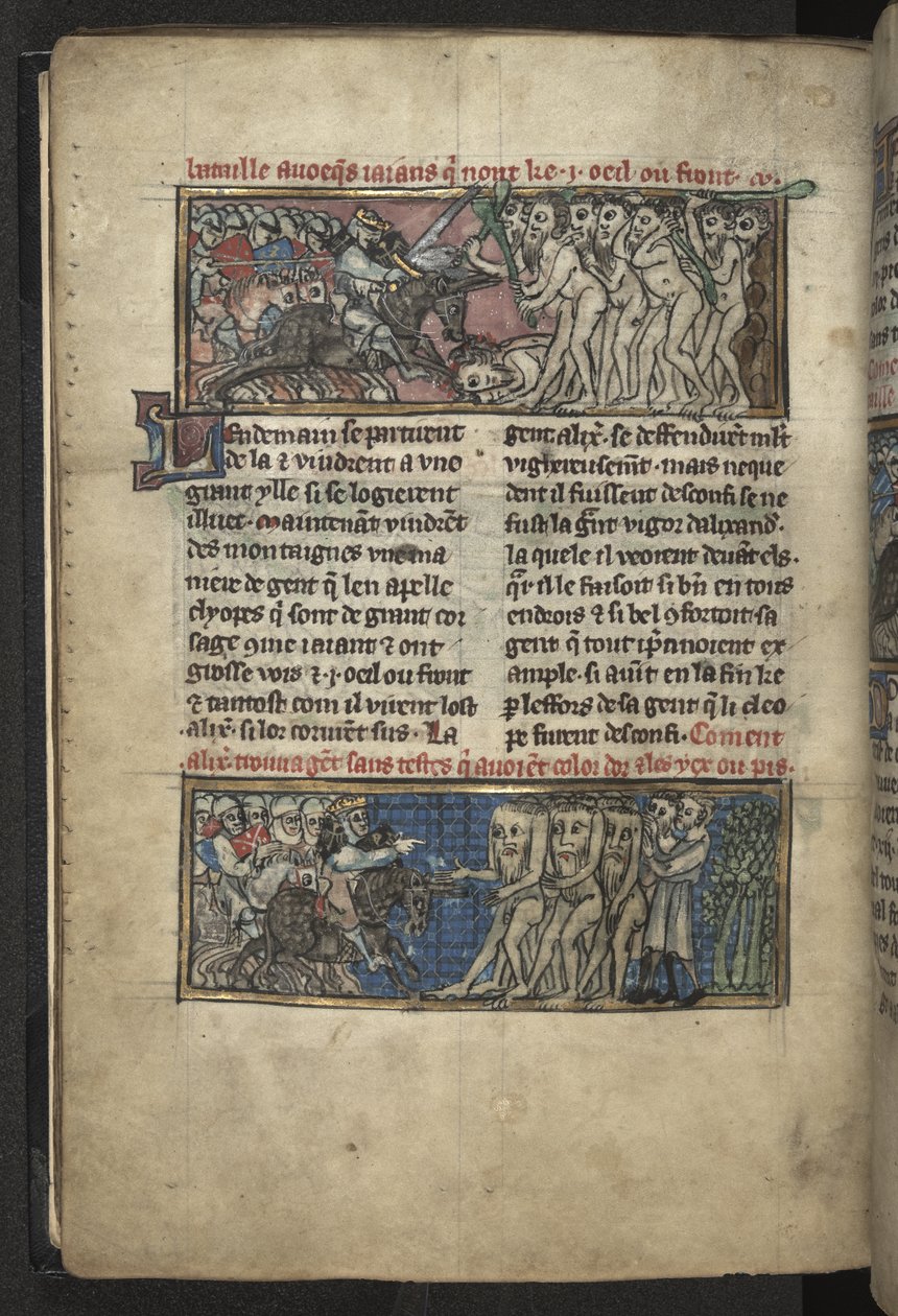 Harley MS 4979 f.72v Alexander som bekämpar Cyclopes; Alexander som bekämpar en grupp av fläckar, från 