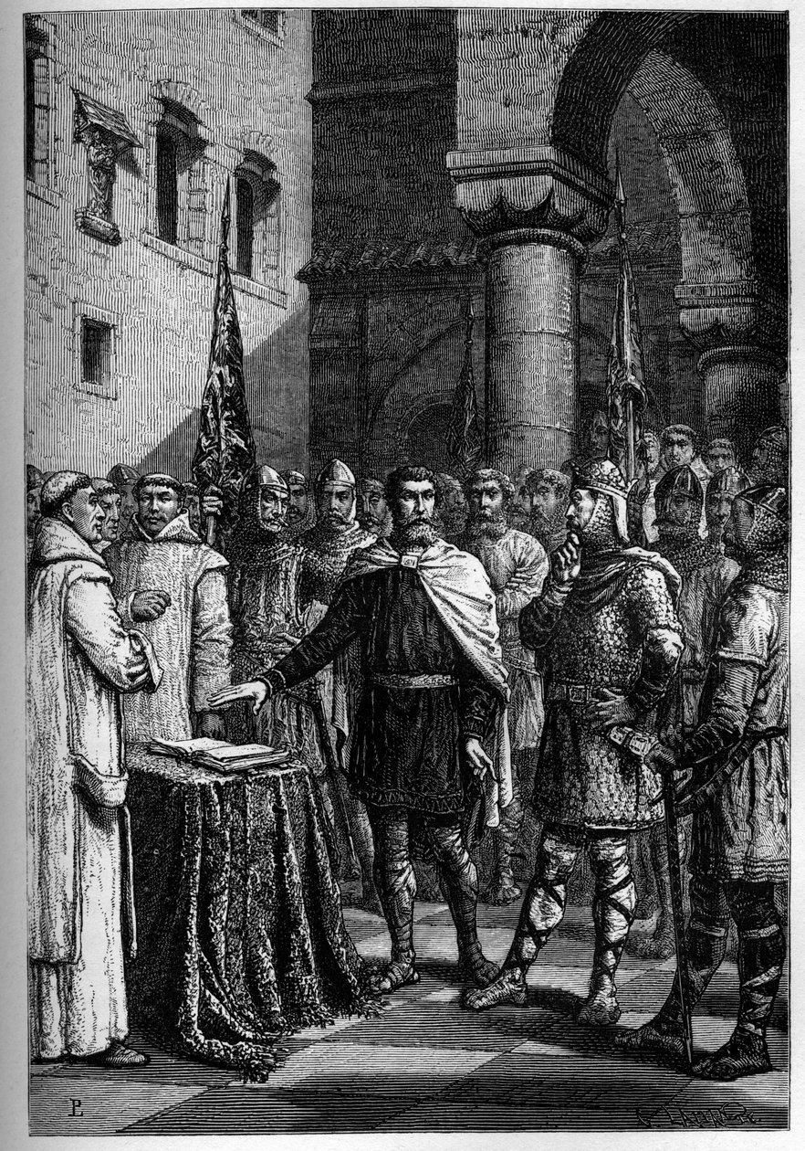 Harold, kung av engelsmännen, svär troskap till Guillaume, hertig av Normandie (William I) - Harold II (1020-1066) sista anglosaxiska kungakronan 1064, och avlade ed på de heliga relikerna inför Vilhelm I Erövraren att stödja hans sak kl. Englands tron av French School