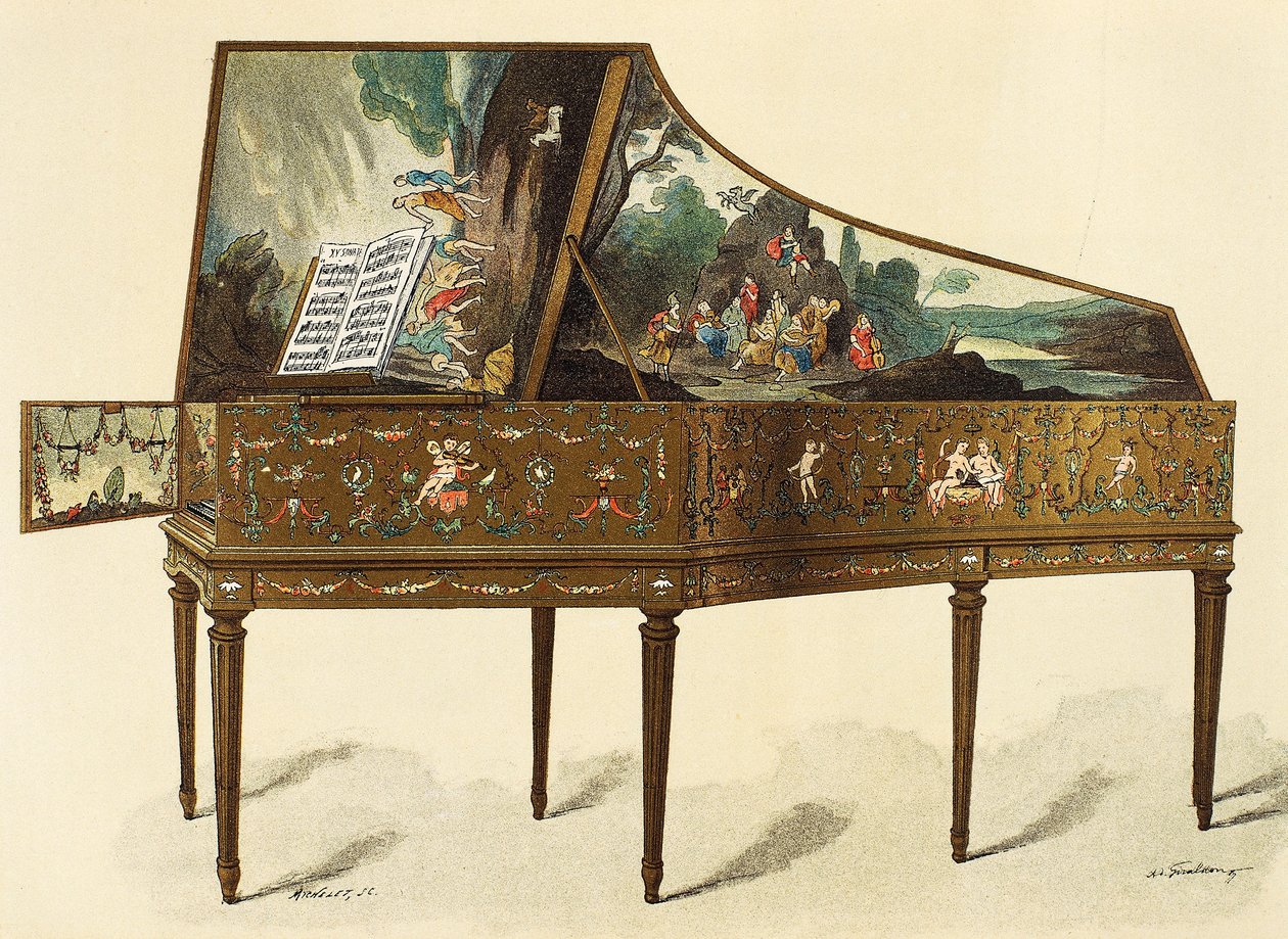 Cembalo dekorerad med grotesker, illustration från Dictionary of Furniture and Decoration, av Henry Havard, Volym I av French School
