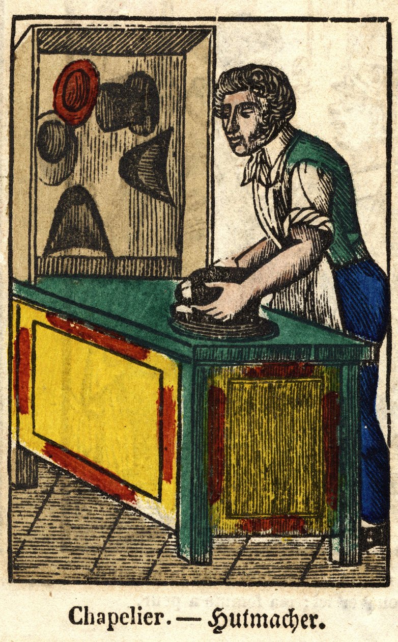Hattmakare; Serie om handel, bild av Epinal från 1800-talet. av French School