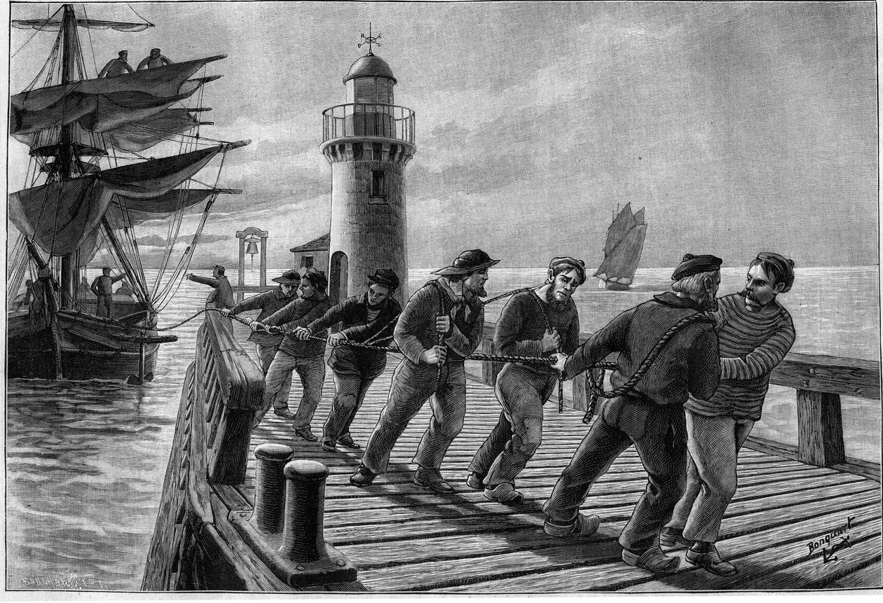 Dumper som bogserar en båt, sent 1800-tal. Gravyr i "" Journal des Voyages"" av den 26 mars 1899. av French School