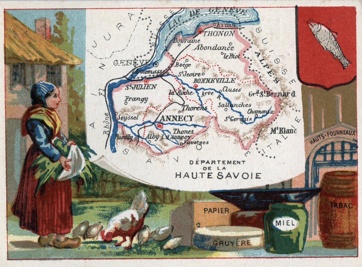 Haute Savoie (Haute-Savoie, 74), Rhône-Alpes (Rhône-Alpes), Frankrike. Lokal specialitet: papper, gruyere, honung, tobak och masugnar. Serie om de franska departementen. Chromolithography (Chromo) "" den geografiska tråden"", ca 1920. Privat samling av French School