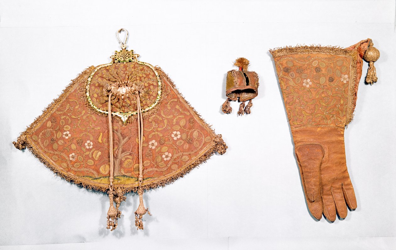 Hawking set med påse, handske och huva, franska, 1600-25 av French School
