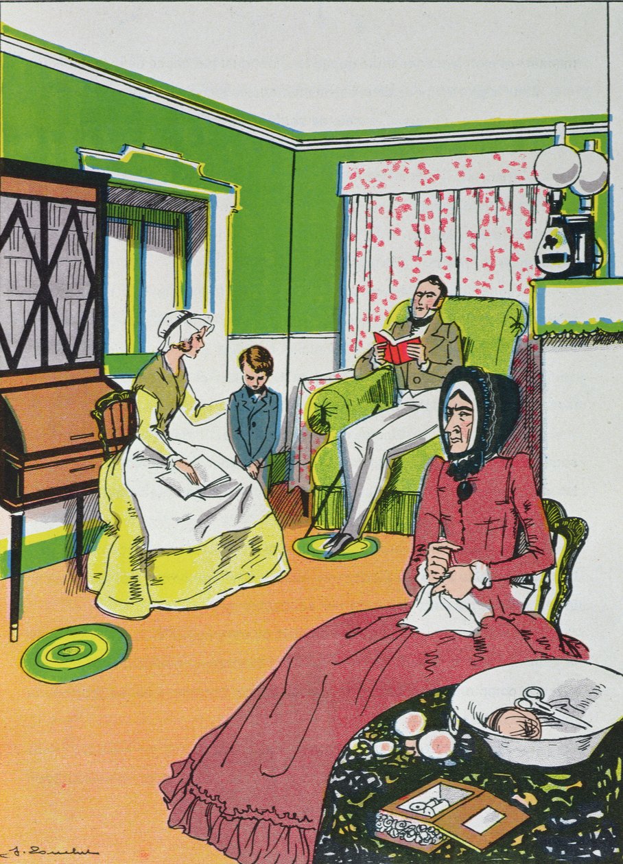 Han vet det inte. Terrible., avbröt Miss Murdstone, från kapitel IV av David Copperfield av Charles Dickens (1812-70) av French School