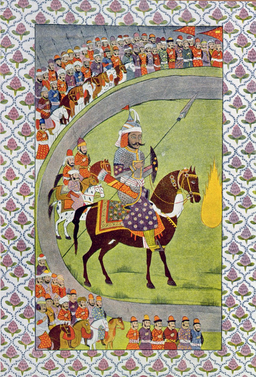Han höll sin lans och sin sköld, illustration från The Arabian Nights, 1895 (färgstick) av French School
