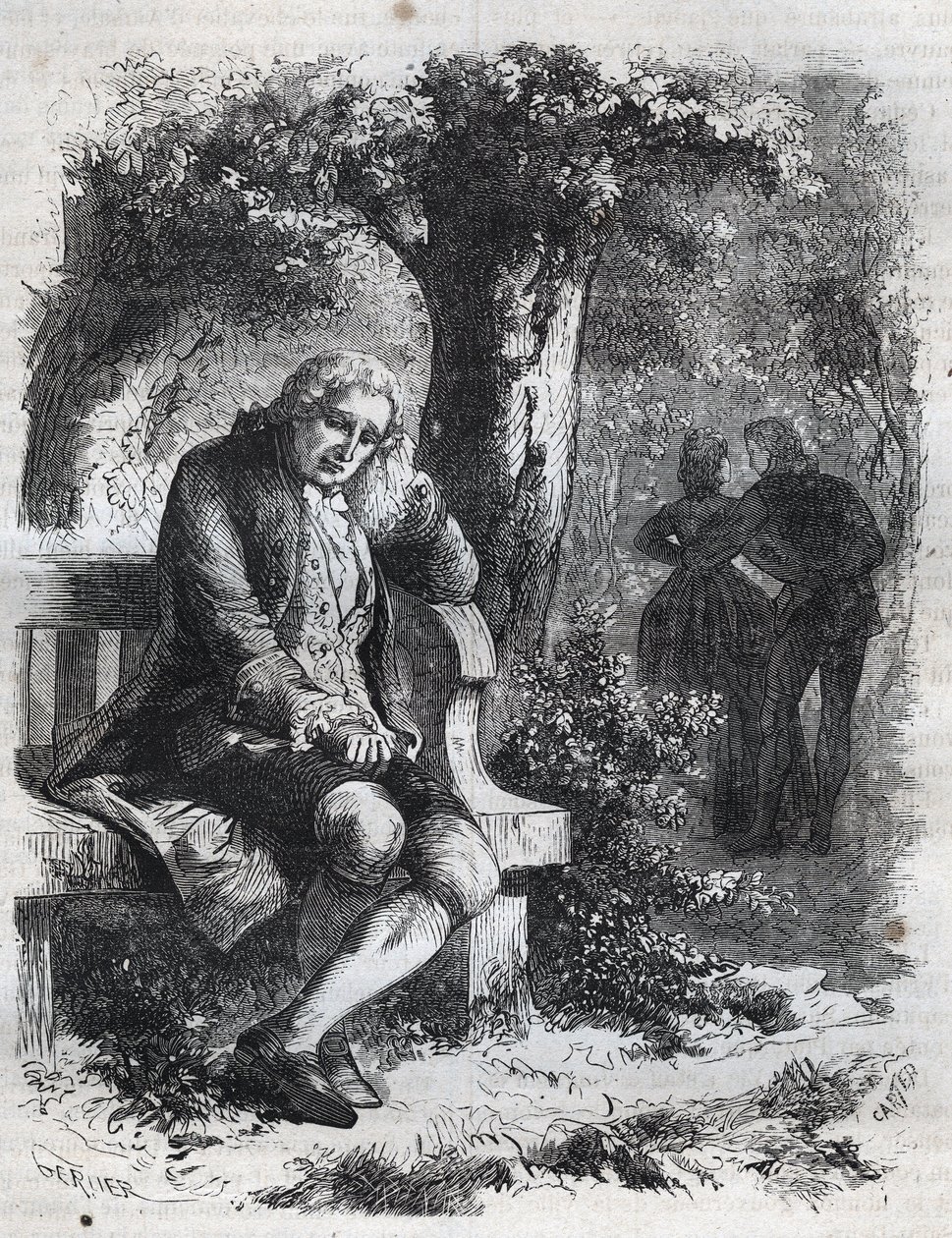 Han hörde viskningen av en kyss." Den schweiziske filosofen Jean Jacques (Jean-Jacques) Rousseau (1712-1778) överraskar sin följeslagare Marie-Therese (Marie Therese) Le Vasseur (Levasseur) (1721-1801) i fullt äktenskapsbrott. Gravyr från 1871 i ”Histoire  av French School