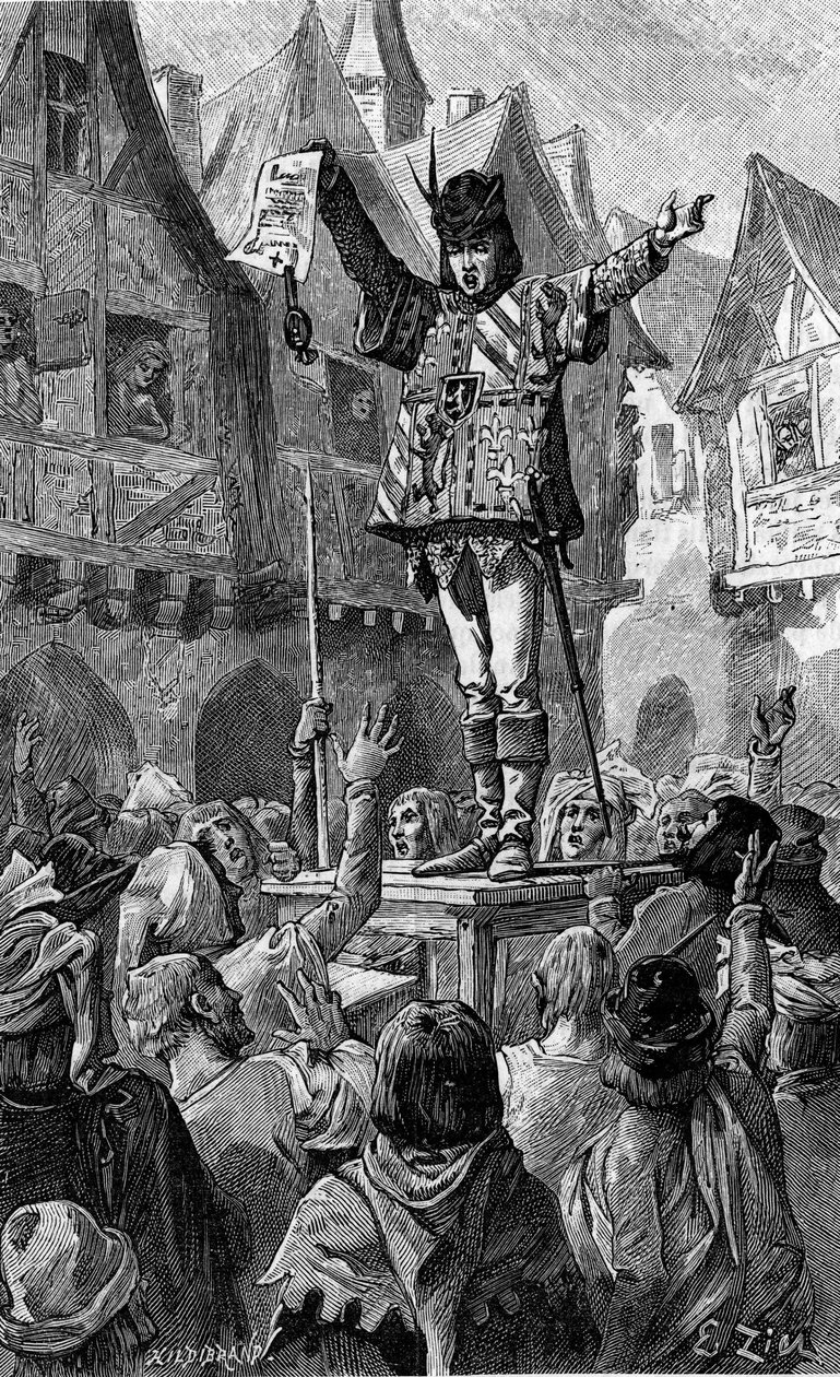 Han höll en bokrulle i handen. Gravyr som illustrerar romanen "Pour la patrie! "" av Josephine Colomb. I "Le Journal de la jeunesse" av French School
