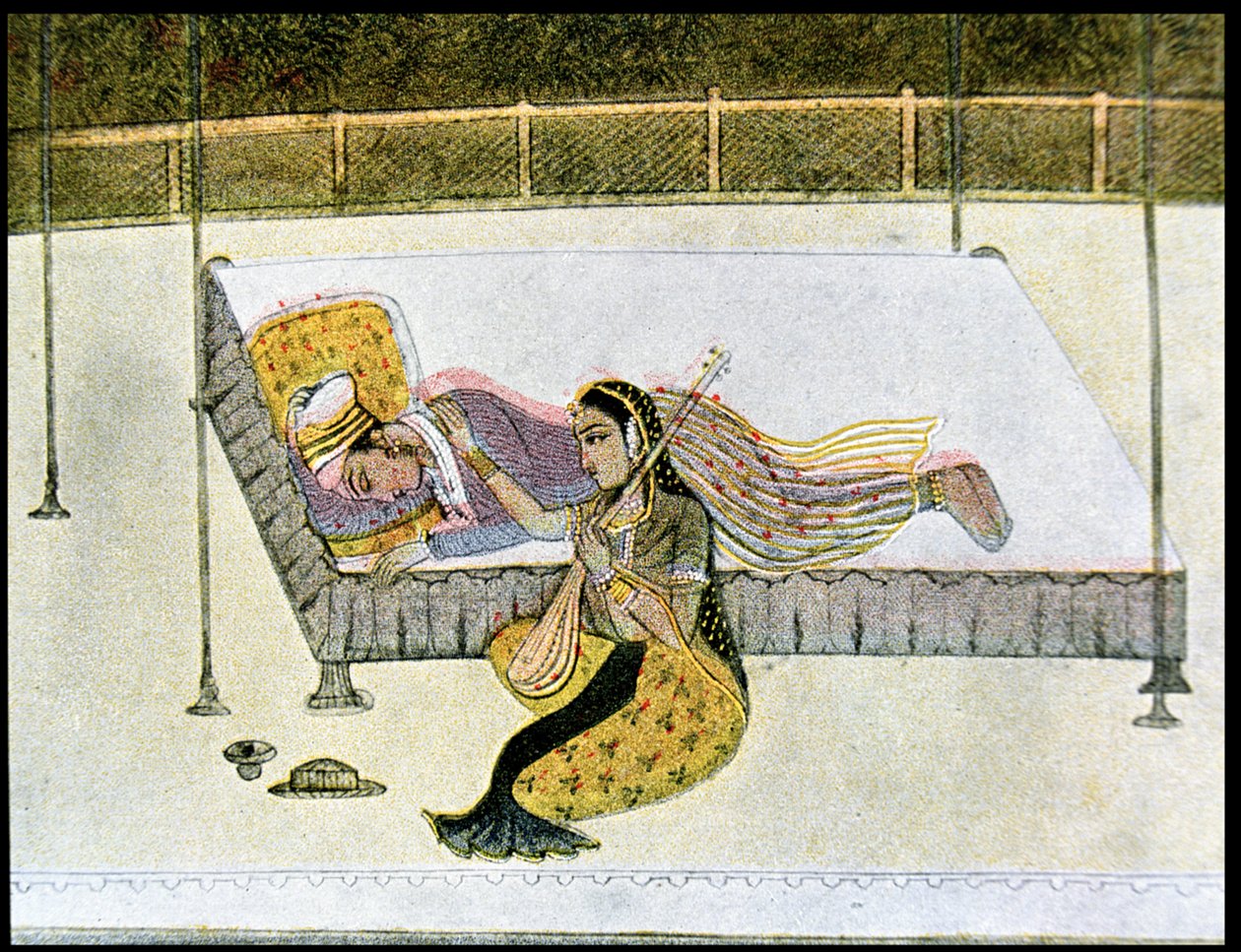 Han är ingenting utan musik, illustration för The Arabian Nights, 1895 (färgstick) av French School