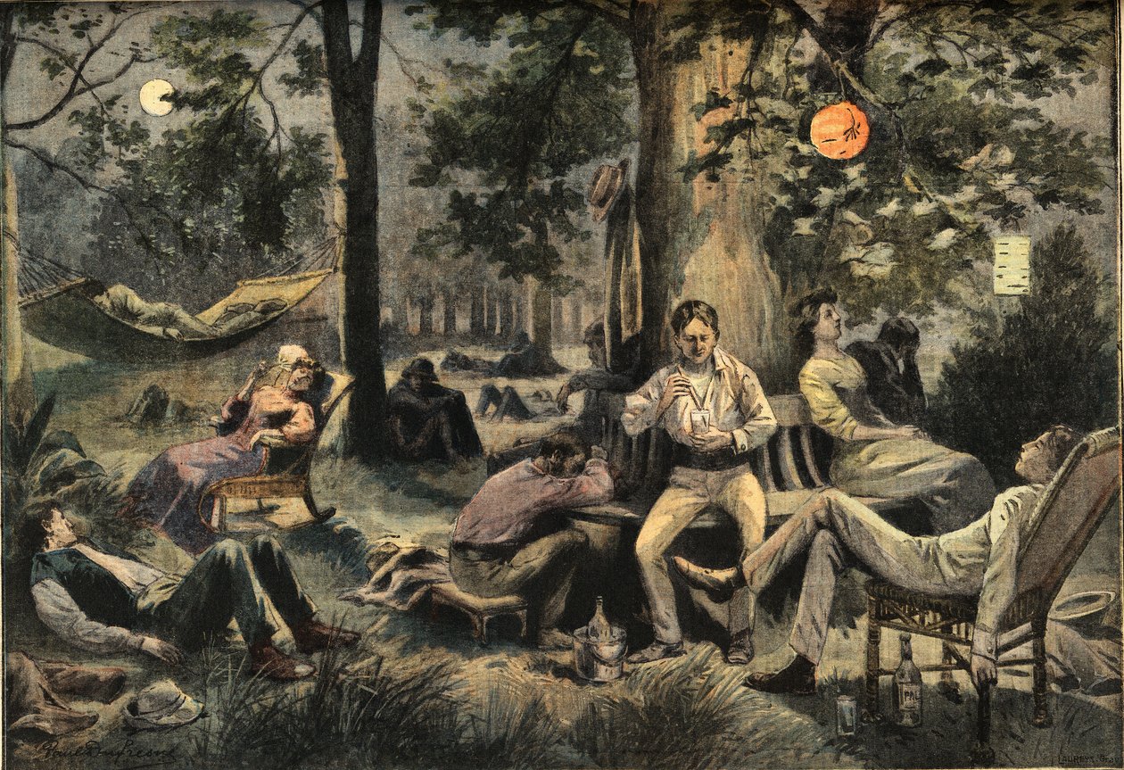 Värme i New York: invånarna slår läger i parkerna, från tidningen "Le Petit Parisien", den 26/07/1908 (gravyr) av French School