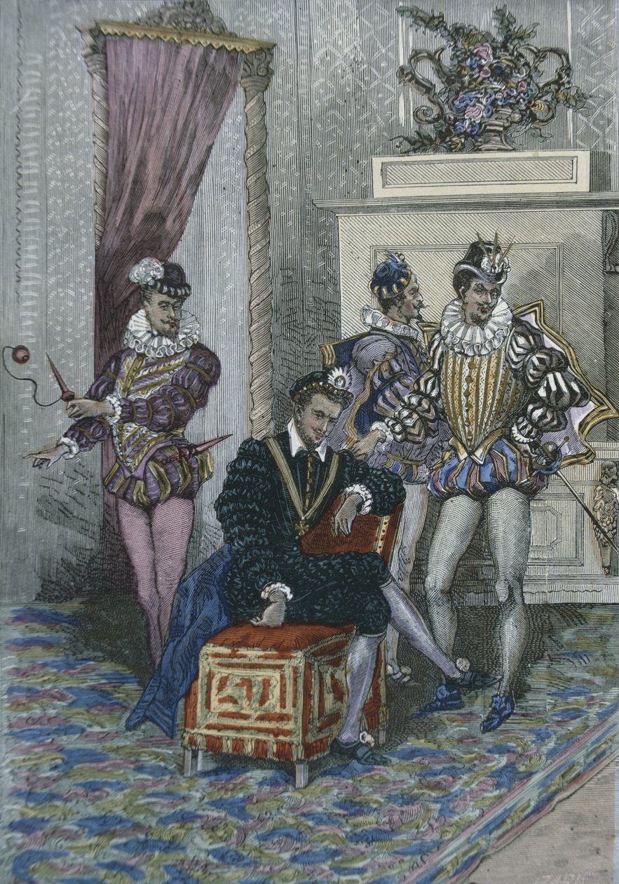 Henri III (1551-89) och hans favoriter (färgstick) av French School