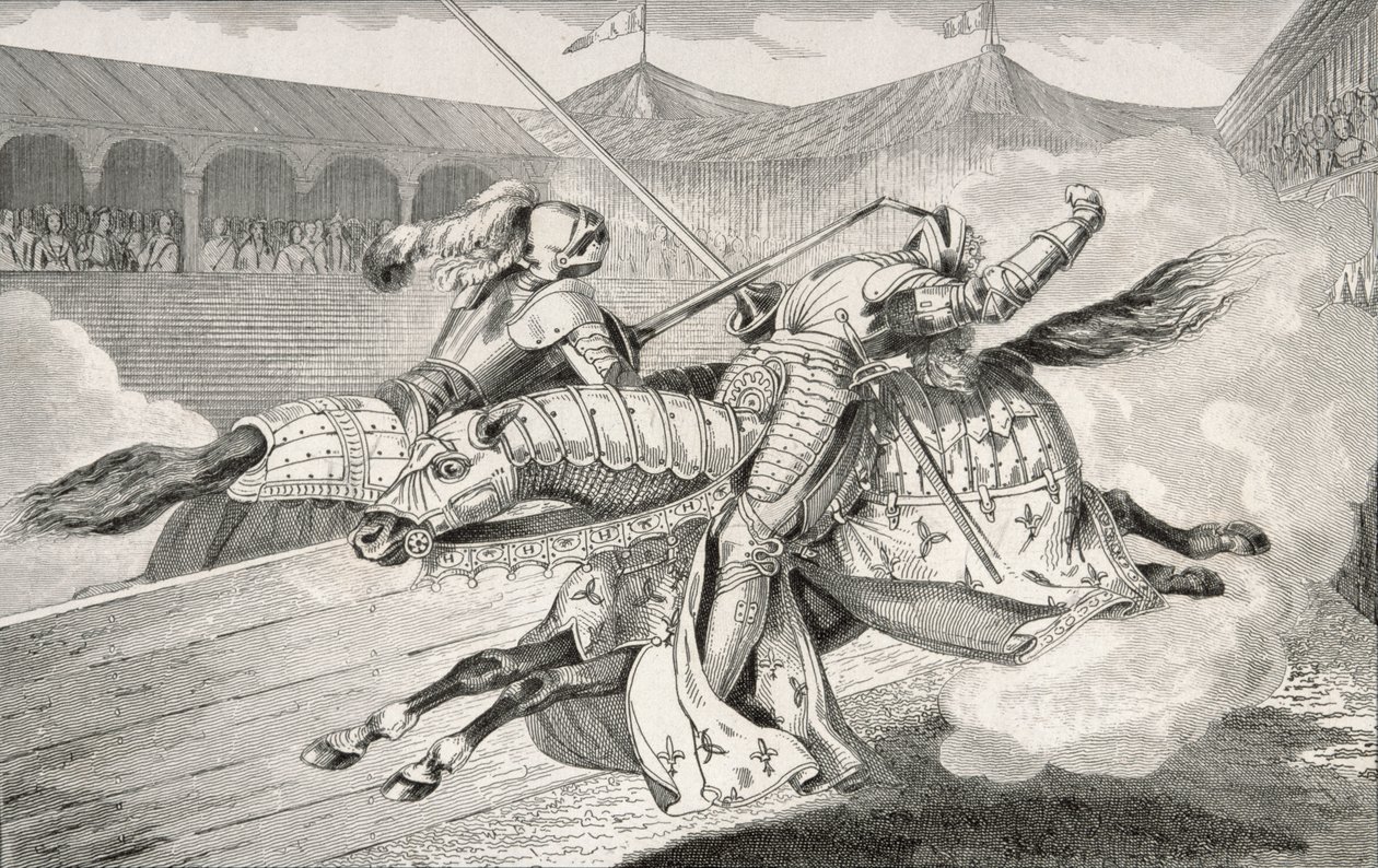 Henri II (1519-59) skadas dödligt vid en tornerspel under sin dotters bröllopsfirande, från 