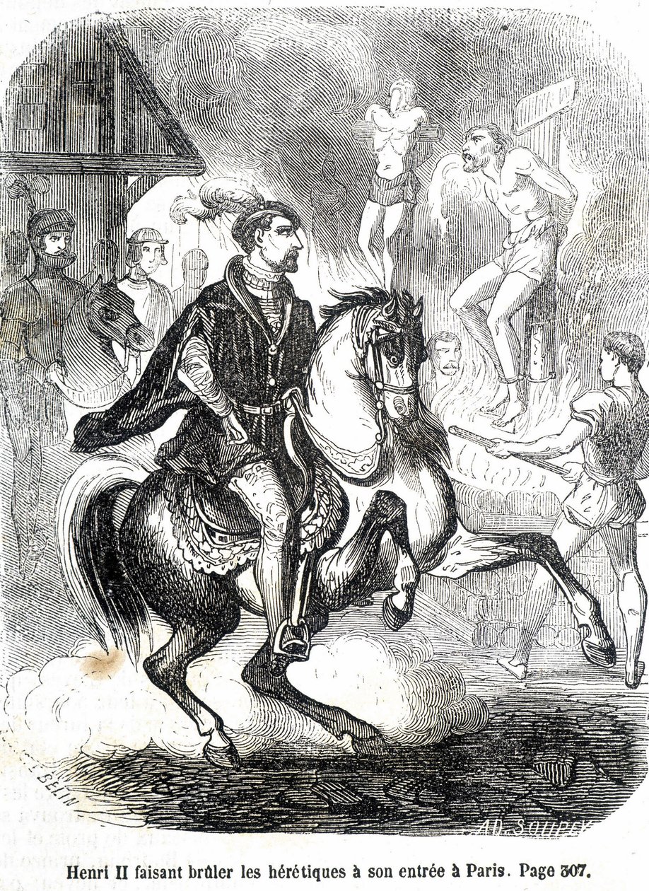 Henri II (1519 - 1559) får kättarna att brinna vid sin ingång till Paris - i "Histoire de France" av L.-P. Anquetil av French School