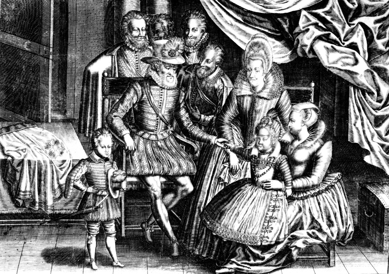 Henri IV (1553-1610) Frankrikes kung med sin familj och sina riksråd av French School