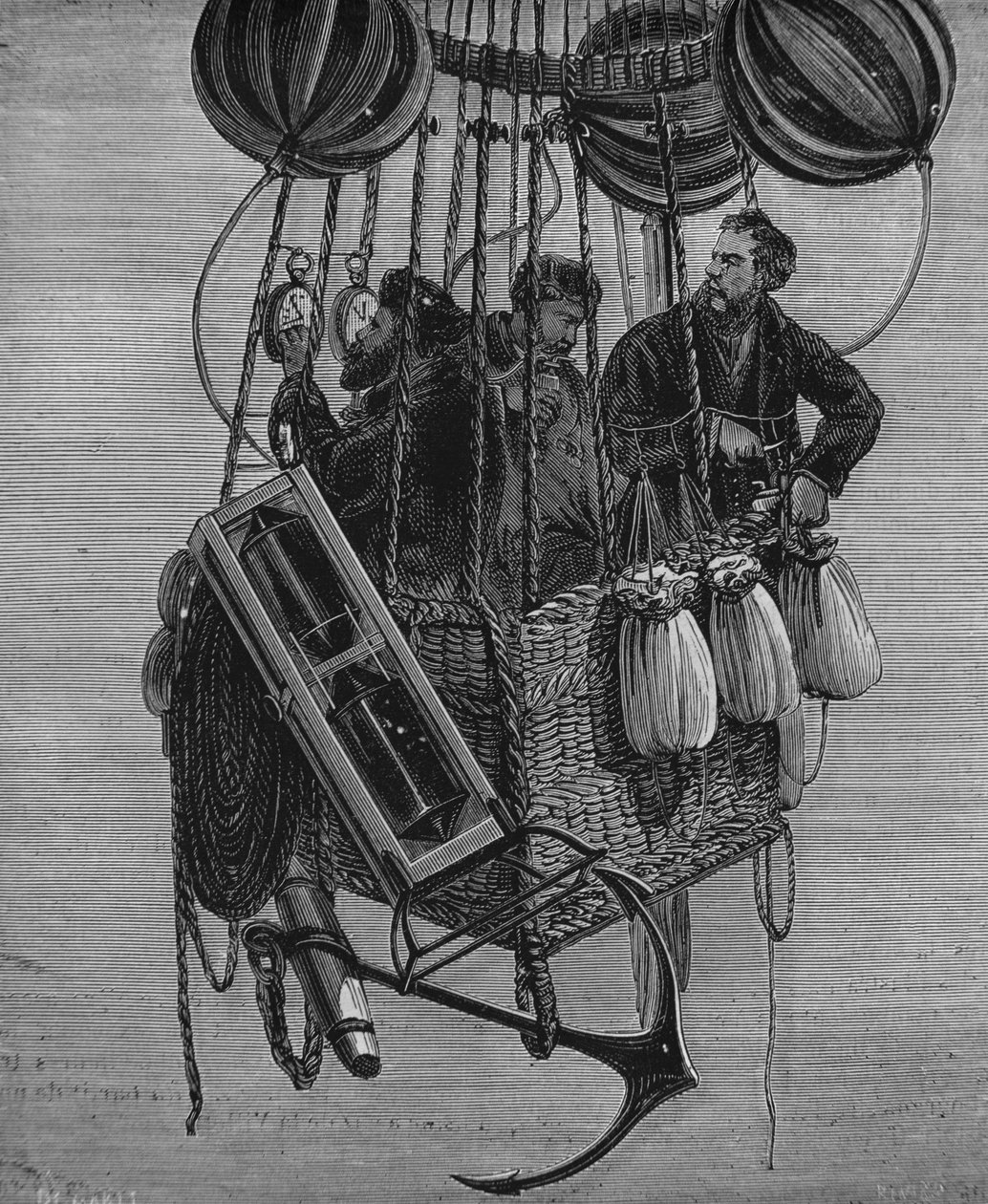 Henri Theodore Sivel (1834-75), Joseph Croce Spinelli och Gerard Tissandier i ballongen Zeniths gondol, 15 april 1875 av French School