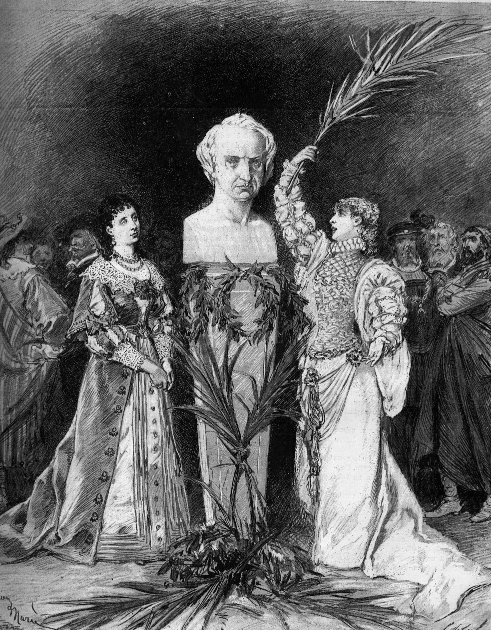 Henriette Rosine Bernard kallade Sarah Bernhardt (1844-1923) och reciterade "Slaget vid Hernani" av Francois Coppee, framför Victor Hugos byst (1802-1885) med anledning av femtioårsjubileet av pjäsen "Hernani". Paris, Comedie Francaise av French School
