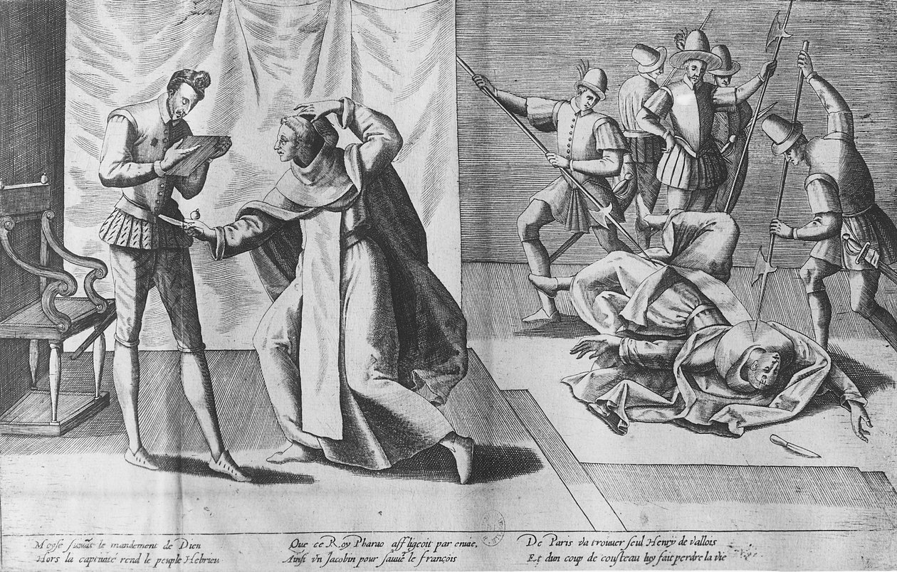 Henrik III av Frankrike mördad av Jacques Clement den 1 augusti 1589 av French School