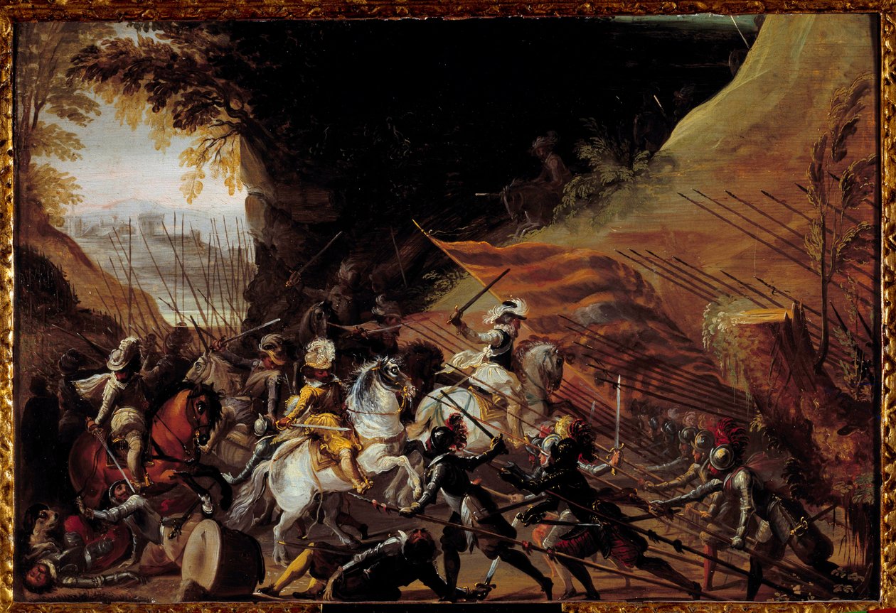 Henrik IV (1589-1610) lastade i spetsen för sitt kavalleri. Anonym fransk målning från 1600-talet. Olja på trä. Mått: 0,35 X 0,52 m. Pau, Musée du Chateau av French School