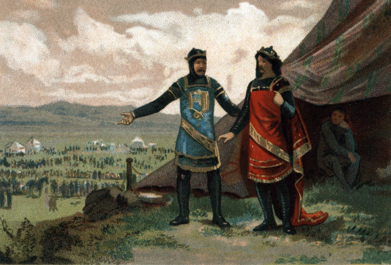 Henrik I, kung av Frankrike (1008-1060) tog emot hertigen av Normandie Robert djävulen (även känd som Le Magnifique) och försåg honom med en armé för att återta sitt kungarike. Kromolitografi omkring 1890. av French School