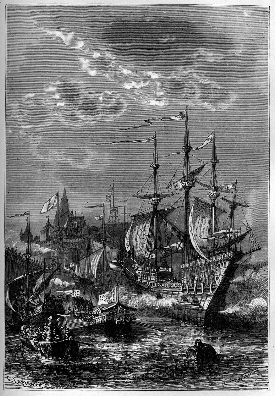 Henrik VIII landar i Calais av French School