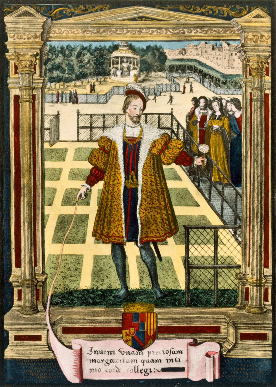 Henry dAlbret (1503-55), kung av Navarra som överlämnade en margueritblomma till Marguerite, syster till kung Francois I som han gifte sig med 1527 av French School