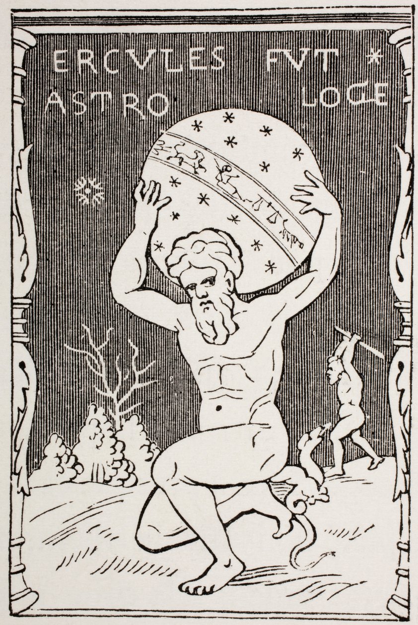 Hercules håller världen på ryggen medan Atlas samlar på Hesperides äpplen, från 