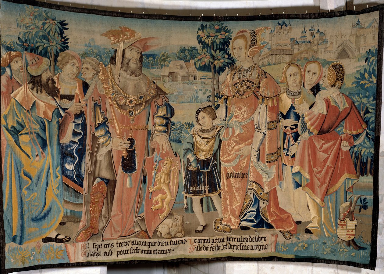 Herkules av Libyen med sin fru Galathee och hans son Galathes omgiven av sina hovmän framför staden Alexia 1713 f.Kr. Gobeläng av "The fabulous history of the Gaules"" gjord av Arras verkstad. 1530 Beauvais, departementsmuseet i th av French School