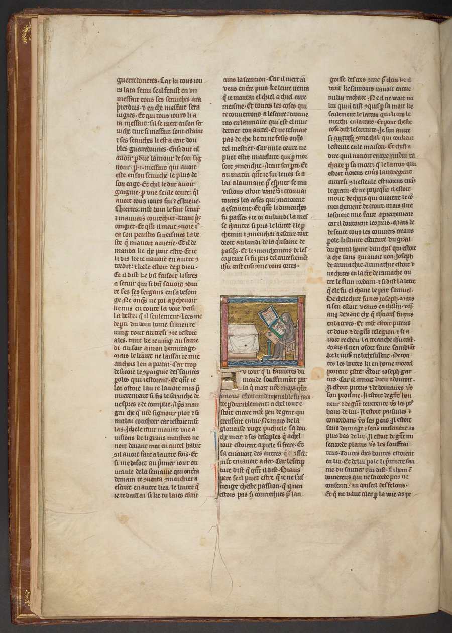 Eremit skriver vid ett skrivbord, från "Estoire del Saint Graal, La Queste del Saint Graal, Morte Artu", c.1315-25 (bläck på pergament) av French School