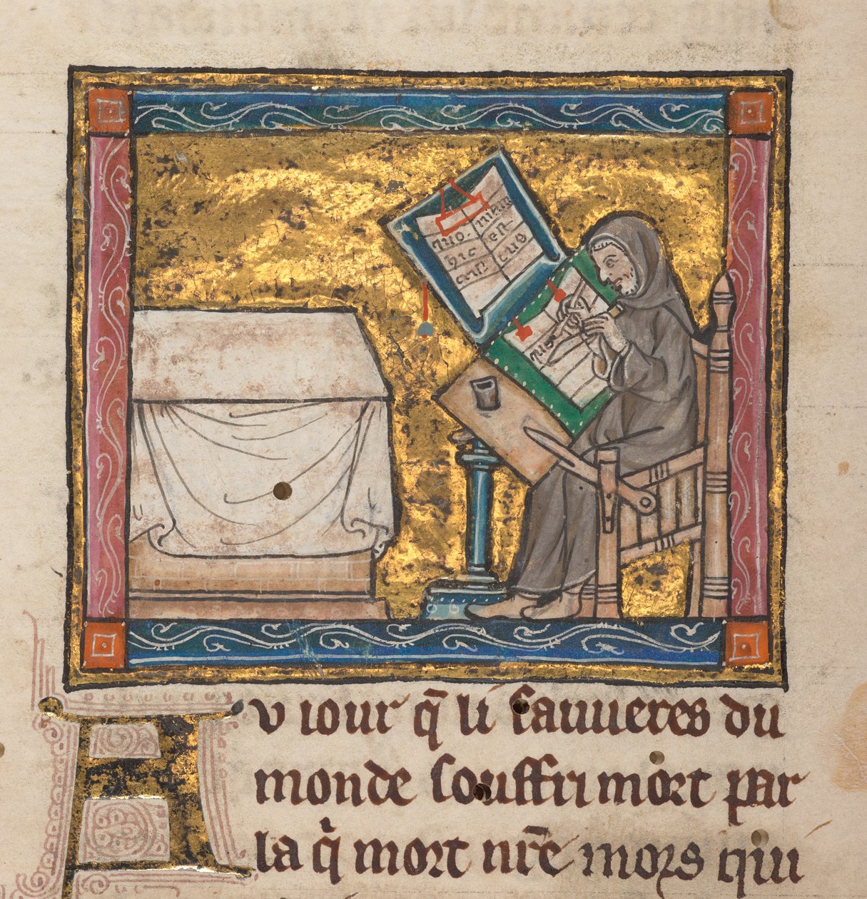 Eremit skriver vid ett skrivbord, miniatyr från "Estoire del Saint Graal, La Queste del Saint Graal, Morte Artu", c.1315-25 (bläck på pergament) av French School