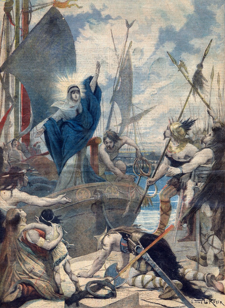 Frankrikes hjältinnor: St Genevieve (423-512). Les heroines de France - Invasions barbares - Sainte Genevieve räddar staden Paris. Illustration för Le petit Journal av French School