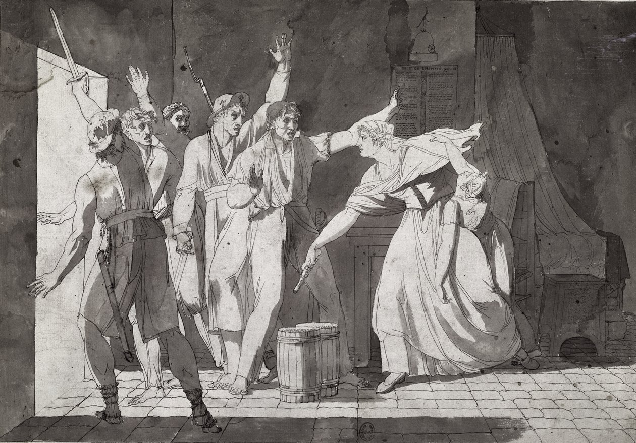 Hjältemod av en kvinna som ställs inför venediska rövare efter att ha fått kontroll över Saint-Mithier, 1793 (se även 217884) av French School