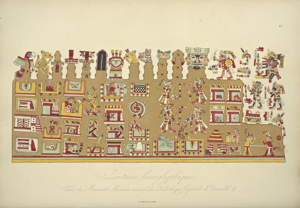 Hieroglyfiska målningar från mexikanskt manuskript II, bevarade på det kejserliga biblioteket i Wien, illustration från Views of the Cordilleras and Monuments of the Indigenous Peoples of America av Alexander von H av French School