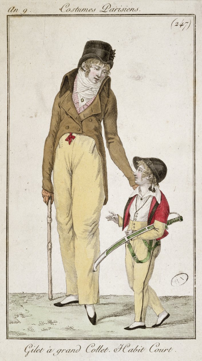 Höghalsad väst och kort morgonrock, från Costumes Parisiens, 1801 av French School