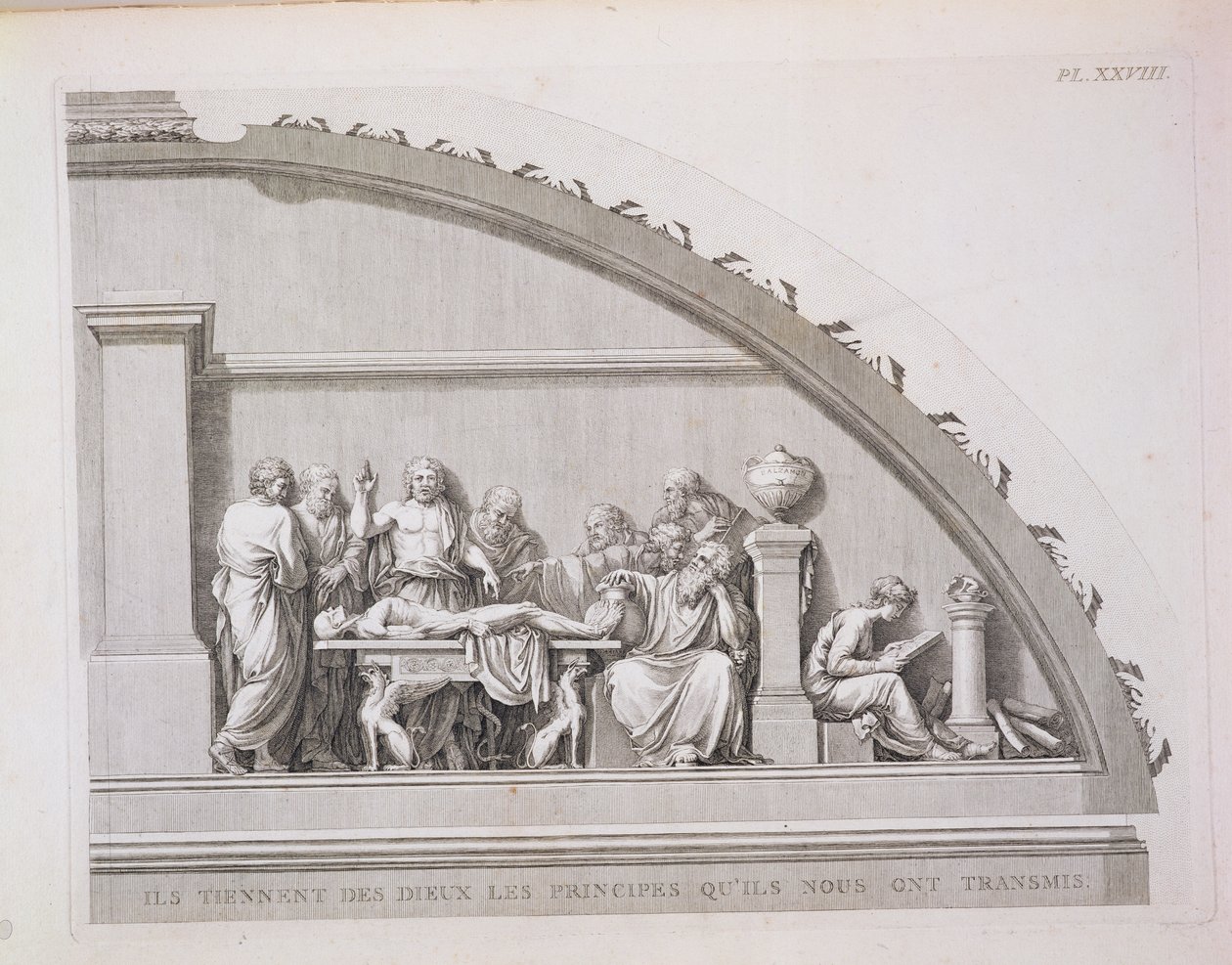 Hippokrates (c.460 f.Kr.-c.377 f.Kr.) Undervisning, från A Description of the School of Surgery i Paris, publicerad 1780 av French School
