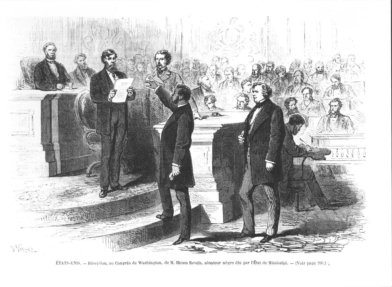 Hiram Revels, den första svarta senatorn i delstaten Mississippi som svurs in i Washington-kongressen av French School
