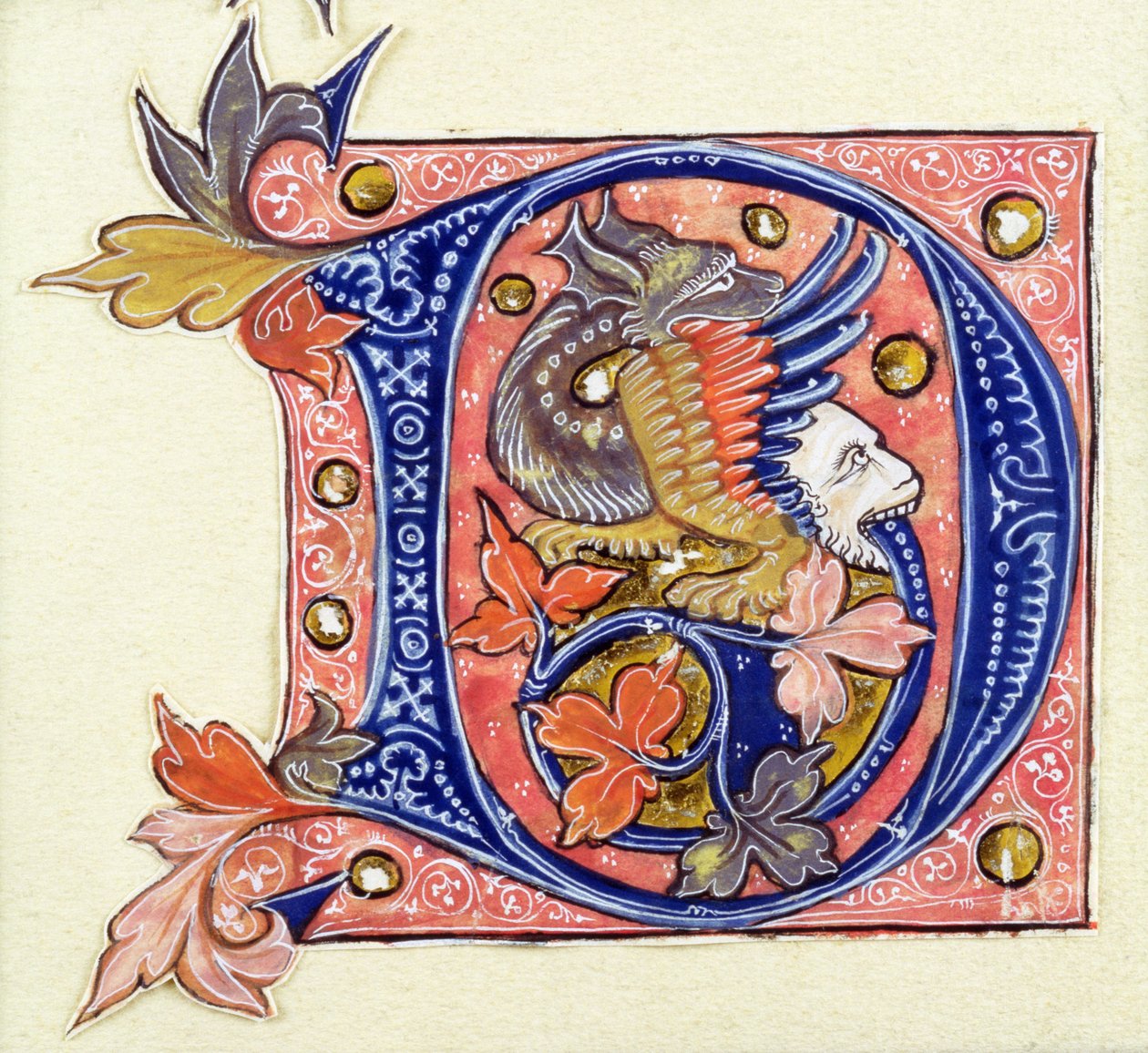 Historikerad initial D som föreställer en fisk med ett människohuvud av French School