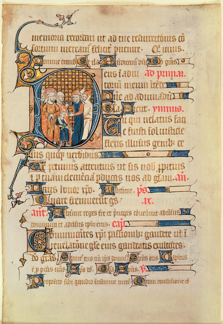 Historikert initial D från en psalter, 1340 (wc på veläng) av French School