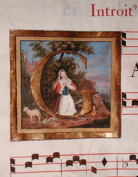Historikert initial "G" som föreställer St. Genevieve som vaktar sin flock, från ett manuskript till en mässa tillägnad St. Genevieve av French School