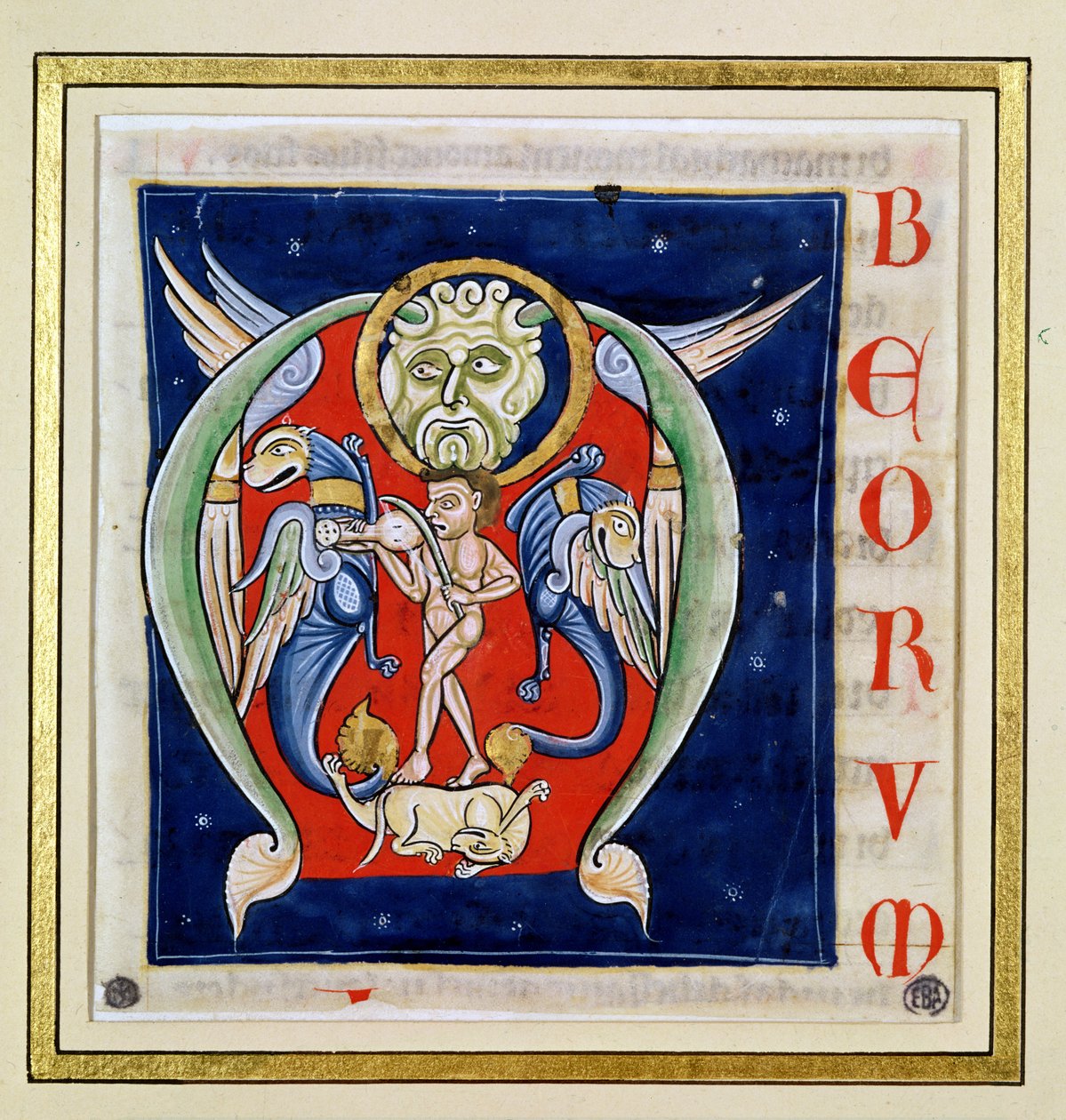 Historikert initial "M" som föreställer en man som spelar en rebeck och fantastiska djur, från Bibeln från Saint-Andre aux-Bois av French School