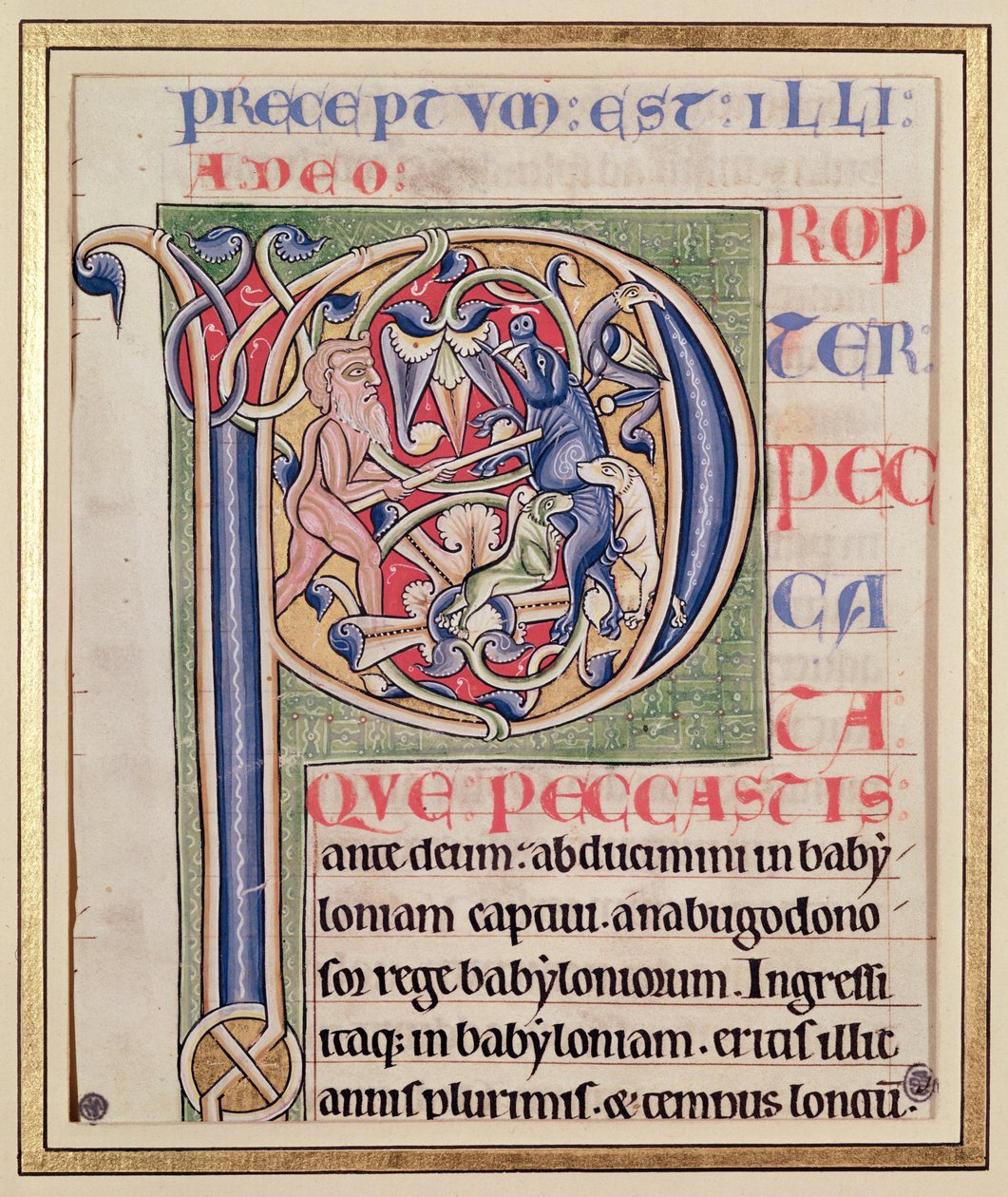Historiserad initial "P" som föreställer en vildsvinsjakt, från Bibeln från Saint-Andre aux-Bois. av French School