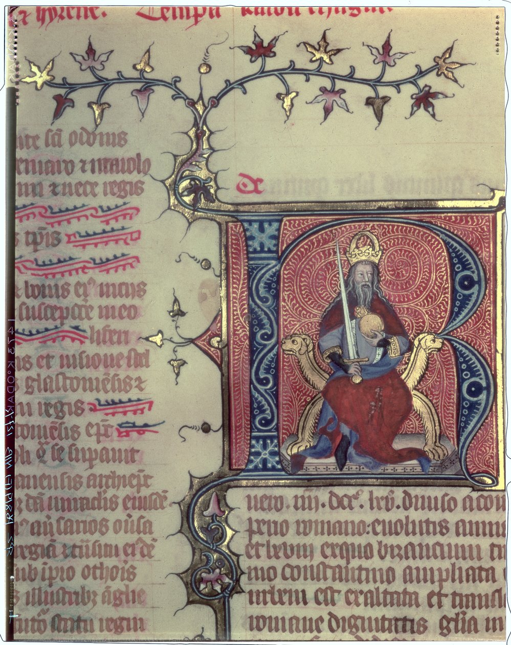 Historikert initial R som föreställer kejsar Karl den Store (742-814) av French School