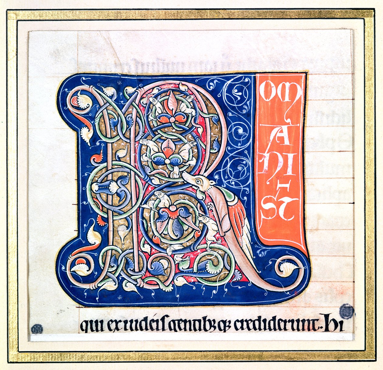 Historikert initial "R" som visar ett sammanflätningsmönster med fantastiska djur, från Bibeln från Saint-Andre aux-Bois av French School