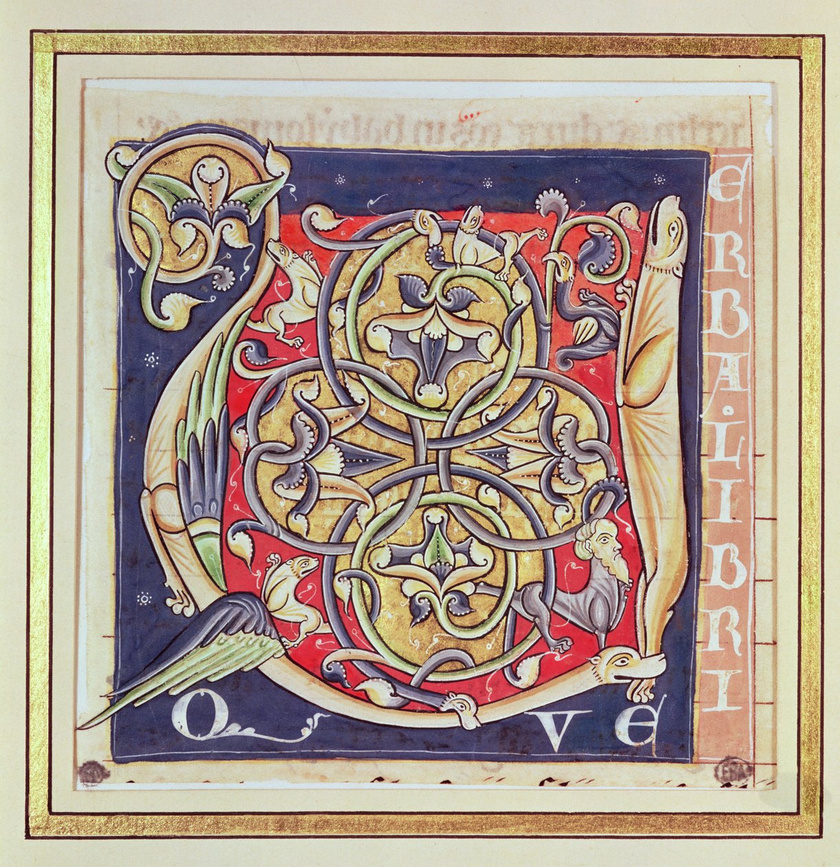 Historikert initial U som visar ett sammanflätat mönster och fantastiska djur, från Bibeln från Saint-Andre aux-Bois av French School