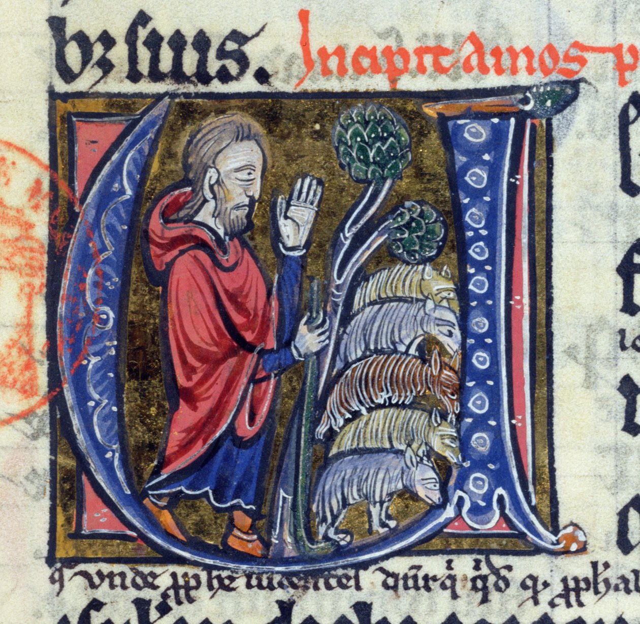 Historikert initial U som föreställer profeten Amos som leder sin flock, från en latinsk bibel, 1300-talet av French School