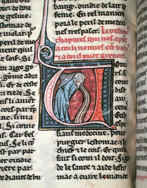 Historisk initial föreställande en man som kräks (vellum) av French School