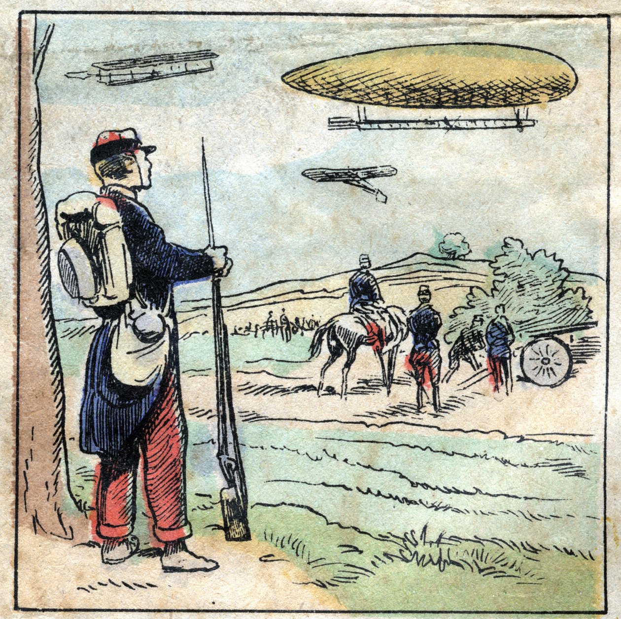 Aluminiums historia. Konstruktion av flygplansdelar och flygplansballonger gjorda av aluminium vars låga vikt möjliggör enklare flygning. Epinal avbildning, sent 1800-tal. Privee Collection. av French School