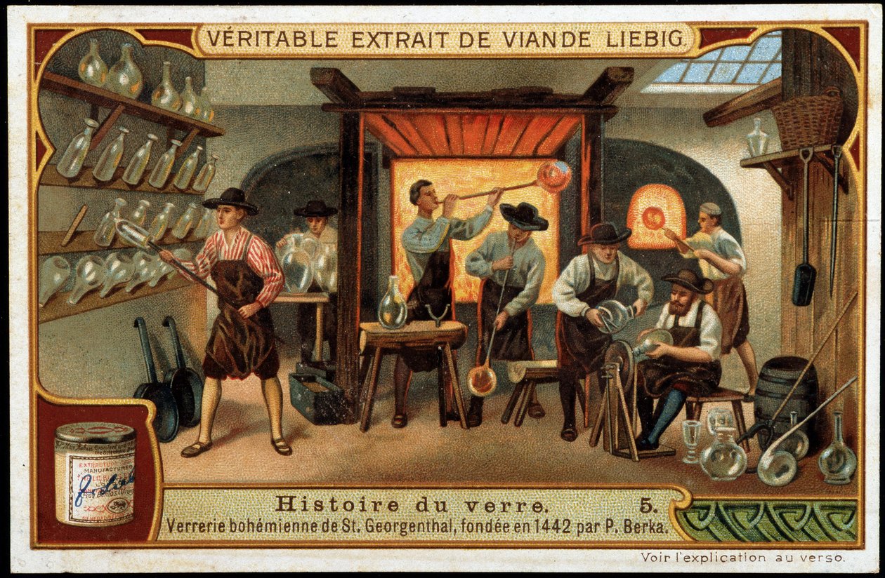 Glasets historia: Boheme-glasbruk i Saint Georgenthal grundat 1442 av P. Berka. Liebig kromolitografi från slutet av 1800-talet. av French School
