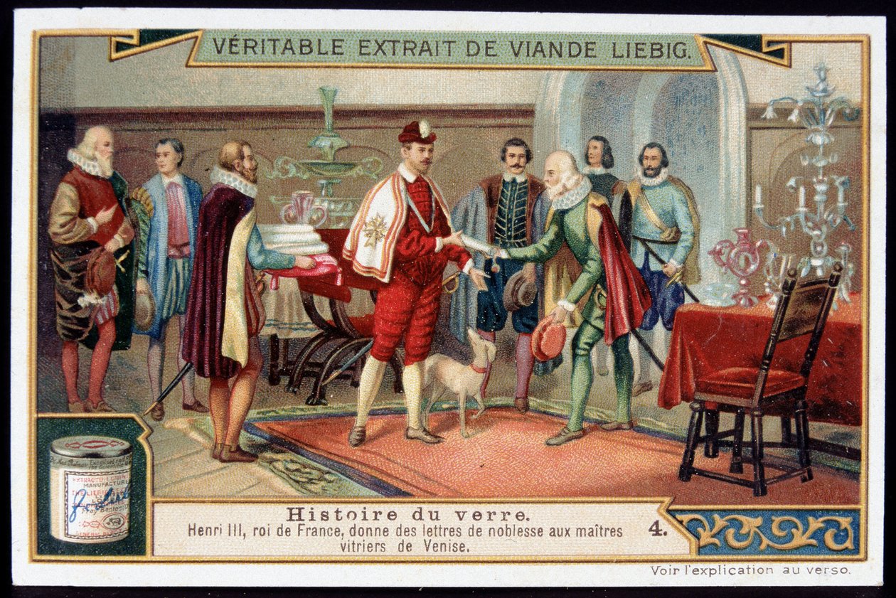 Glasets historia: Henrik III (1551-1589) Kungen av Frankrike ger adelsbrev till glasmästare i Venedig. Sent 1800-tal liebig kromolitografi. av French School