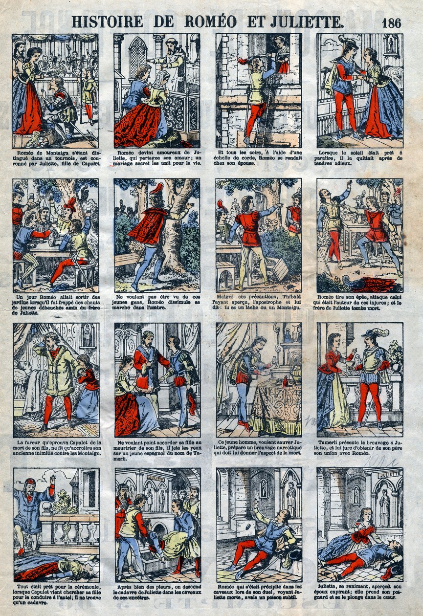 Romeo och Julias historia efter William Shakespeares pjäs (1564-1616). Epinal avbildning från slutet av 1800-talet. av French School