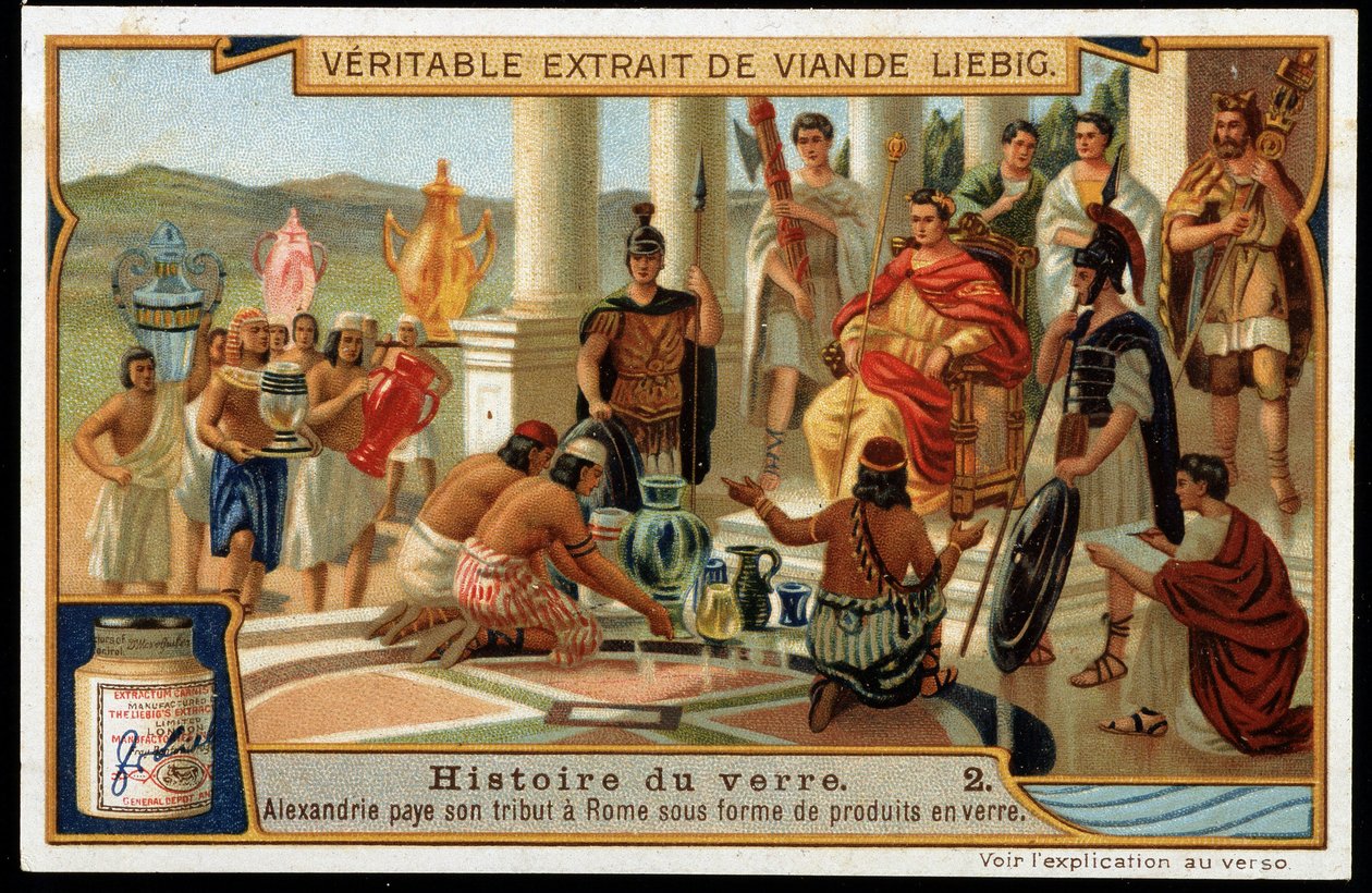 Glasets historia: Alexandria hyllar Rom i form av glasprodukter - Liebig Chromolithography av French School