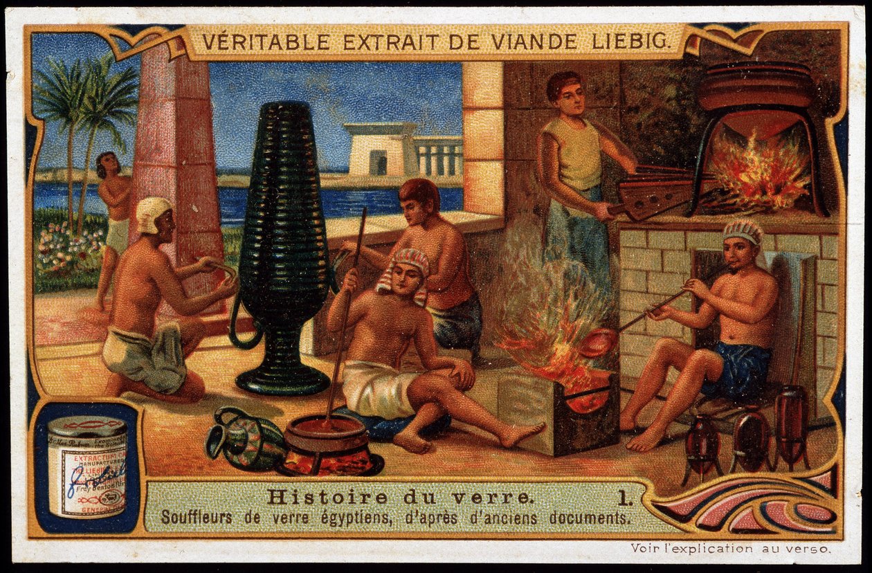 Glasets historia: Egyptiska glasblåsare, baserade på gamla dokument. Liebig kromolitografi av French School